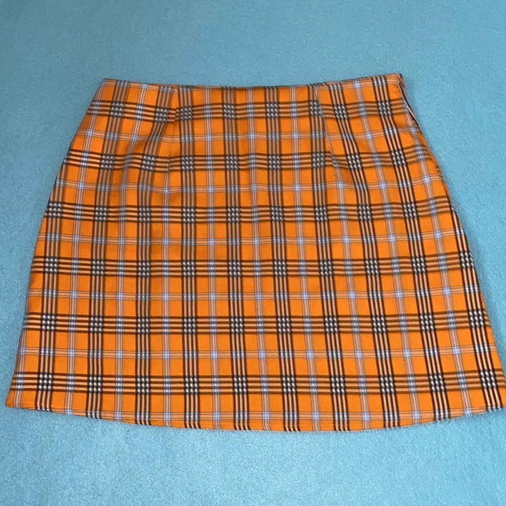 SHEIN mini skirt plaid orange turquoise 2 front slits side zipper NEW size S - Picture 2 of 10